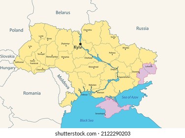 Ukraine, carte administrative des territoires occupés par la Russie - Donbass et Crimée, en janvier 2022. Illustration vectorielle