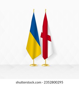 Ukraine and Alabama flags on flag stand, illustration for diplomacy and other meeting between Ukraine and Alabama. Vector illustration.