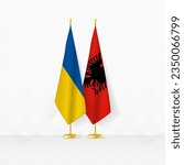 Ukraine and Albania flags on flag stand, illustration for diplomacy and other meeting between Ukraine and Albania. Vector illustration.