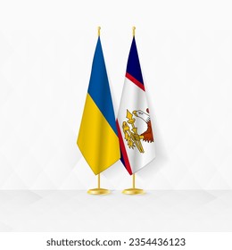 Ukraine and American Samoa flags on flag stand, illustration for diplomacy and other meeting between Ukraine and American Samoa. Vector illustration.