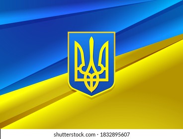 Ukraine anniversary greetings card with blue-yellow flag and trident coat of arms. Ukrainian national template design.