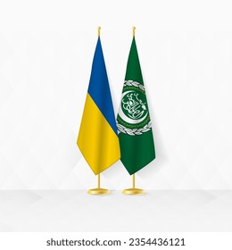 Ukraine and Arab League flags on flag stand, illustration for diplomacy and other meeting between Ukraine and Arab League. Vector illustration.