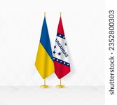 Ukraine and Arkansas flags on flag stand, illustration for diplomacy and other meeting between Ukraine and Arkansas. Vector illustration.