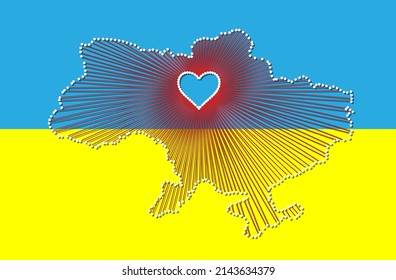 Ukraine art map with heart. Vector illustration of map and Ukrainian flag. No to war. Stand with Ukraine, help Ukrainians.