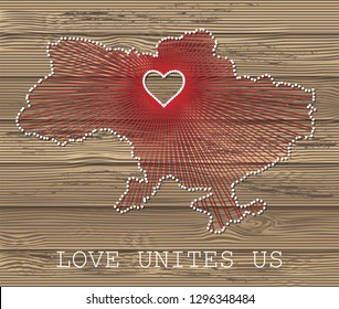 Ukraine art vector map with heart. String art, yarn and pins on wooden planks texture. Love unites us. Message of love.