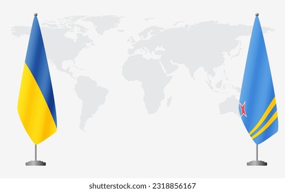 Ukraine and Aruba flags for official meeting against background of world map.
