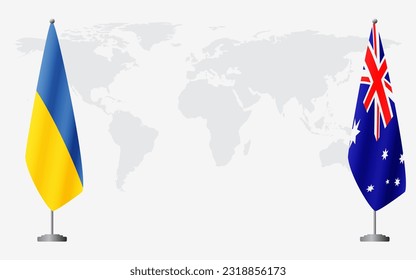 Ukraine and Australia flags for official meeting against background of world map.