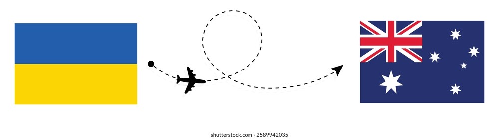 Ukraine to Australia Flight Travel by Air. Kyiv to Canberra Flight Travel Concept Vector Art. Ukraine and Australia Flags Together