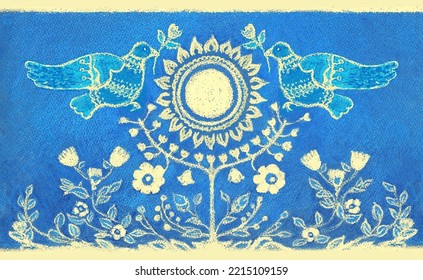 Ukraine banner. Folk pattern in the colors of the national flag of Ukraine. Peace symbol, Stop the war. Support Ukraine