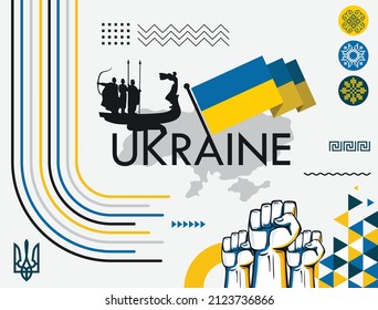 Banner de Ucrania para el día nacional con un diseño abstracto moderno. Bandera y mapa ucraniano con tipografía y tema de color amarillo azul. Punto de referencia de Kiev, levantó puños y fondo de bordado.