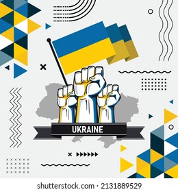 Ukraine banner for national day with abstract modern design. Ukrainian flag and map with blue yellow color theme. Raised fists and trendy background. Ukraine Russia conflict. Vector Illustration.