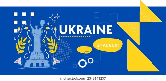 Україна or Ukraine banner for national day with abstract modern design. Ukrainian flag and map with typography and blue yellow color theme.