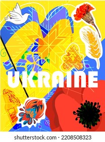 Ukraine banner for national day with cultural design. Art posters for exhibition of Ukrainian culture and traditions. Hand drawn illustrations, yellow and blue flag, periwinkle, ear of wheat, dove 