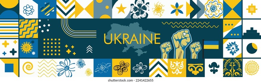 Ukraine banner for national day with cultural design. Ukrainian flag and map with typography and blue yellow color theme. Conflict with Russia, raised fists for solidarity and embroidery background.
