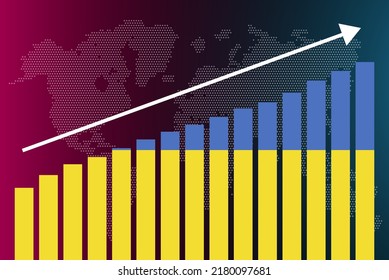 Ukraine bar chart graph, increasing values, country statistics concept, Ukraine country flag on bar graph, upward rising arrow on data, news banner idea