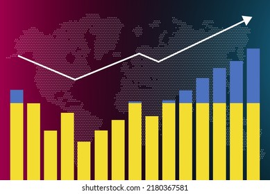 Ukraine bar chart graph with ups and downs, increasing values, Ukraine country flag on bar graph, upward rising arrow on data, news banner idea, developing country concept