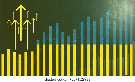 Ukraine bar chart graph with ups and downs, increasing values, Ukraine country flag on bar graph, upward rising arrow on data, news banner idea, developing country concept