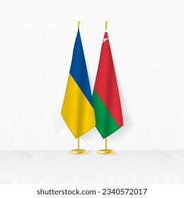 Ukraine and Belarus flags on flag stand, illustration for diplomacy and other meeting between Ukraine and Belarus. Vector illustration.