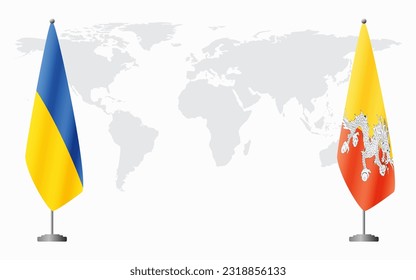 Ukraine and Bhutan flags for official meeting against background of world map.