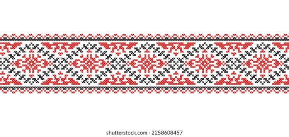 Ukraine border pattern, vector ornament. Ukraine folk, ethnic geometric embroidery. Border pattern in red and black colors. Pixel art, vyshyvanka, cross stitch.