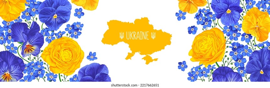 Ukraine botanical banner in blue and yellow color. Realistic vector flowers and map of Ukraine with trident. Ranunculus, pansies, forget-me-nots hand-drawn isolated on white long horizonta background 