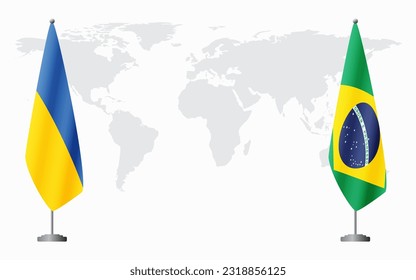 Ukraine and Brazil flags for official meeting against background of world map.