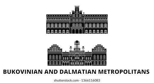Ukraine, Bukovinian And Dalmatian Metropolitans flat travel skyline set. Ukraine, Bukovinian And Dalmatian Metropolitans black city vector illustration, symbol, travel sights, landmarks.