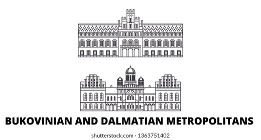 Ukraine, Bukovinian And Dalmatian Metropolitans line travel skyline set. Ukraine, Bukovinian And Dalmatian Metropolitans outline city vector illustration, symbol, travel sights, landmarks.