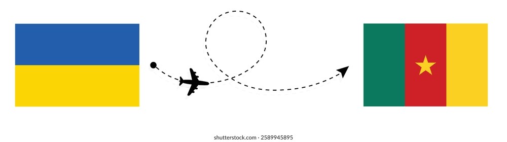 Ukraine to Cameroon Flight Travel by Air. Kyiv to Yaoundé Flight Travel Concept Vector Art. Ukraine and Cameroon Flags Together