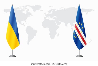 Ukraine and Cape Verde flags for official meeting against background of world map.