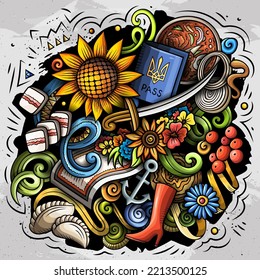 Ukraine cartoon doodle illustration. Funny Ukrainian design. Creative vector background with Europeian country elements and objects. Colorful composition