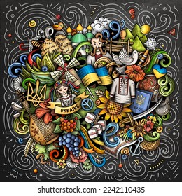 Ukraine cartoon doodle illustration. Funny Ukrainian design. Creative vector background with Europeian country elements and objects. Chalkboard composition
