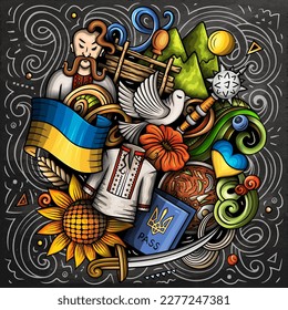 Ukraine cartoon doodle illustration. Funny Ukrainian design. Creative vector background with Europeian country elements and objects. Chalkboard composition