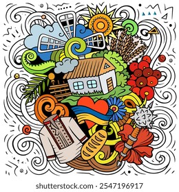 Ukraine cartoon doodle illustration. Funny Ukrainian design. Creative vector background with Europeian country elements and objects