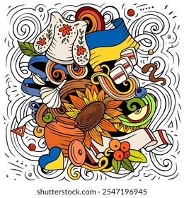 Ukraine cartoon doodle illustration. Funny Ukrainian design. Creative vector background with Europeian country elements and objects