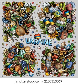 Ukraine cartoon vector doodle designs set. Colorful detailed compositions with lot of Ukrainian objects and symbols. All items are separate