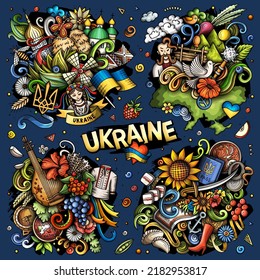 Ukraine cartoon vector doodle designs set. Colorful detailed compositions with lot of Ukrainian objects and symbols. All items are separate