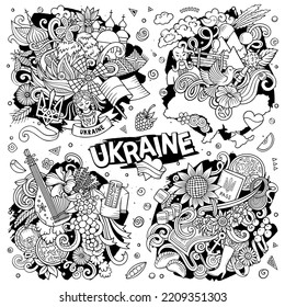 Ukraine cartoon vector doodle designs set. Line art detailed compositions with lot of Ukrainian objects and symbols. All items are separate