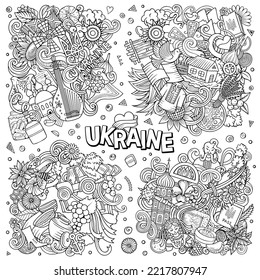 Ukraine cartoon vector doodle designs set. Line art detailed compositions with lot of Ukrainian objects and symbols. All items are separate