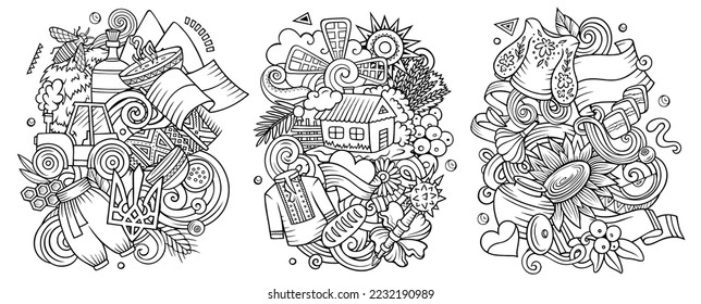 Ukraine cartoon vector doodle designs set. Sketchy detailed compositions with lot of ukrainian objects and symbols. Isolated on white illustrations