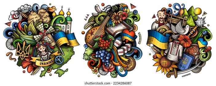 Ukraine cartoon vector doodle designs set. Colorful detailed compositions with lot of ukrainian objects and symbols. Isolated on white illustrations