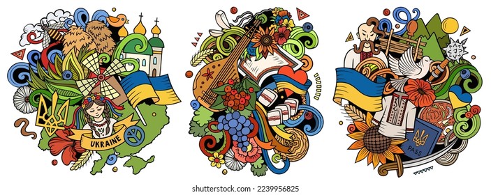 Ukraine cartoon vector doodle designs set. Colorful detailed compositions with lot of ukrainian objects and symbols. Isolated on white illustrations