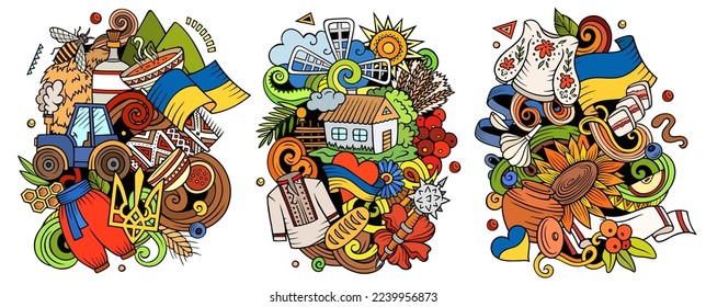 Ukraine cartoon vector doodle designs set. Colorful detailed compositions with lot of ukrainian objects and symbols. Isolated on white illustrations