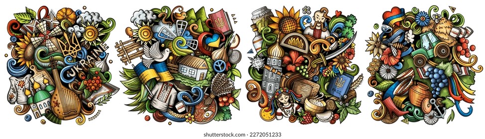 Ukraine cartoon vector doodle designs set. Colorful detailed compositions with lot of ukrainian culture objects and symbols. Isolated on white illustrations