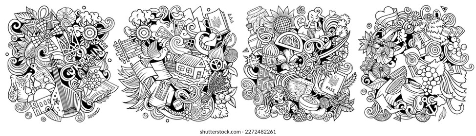 Ukraine cartoon vector doodle designs set. Line art detailed compositions with lot of ukrainian objects and symbols