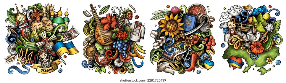 Ukraine cartoon vector doodle designs set. Colorful detailed compositions with lot of ukrainian culture objects and symbols. Isolated on white illustrations