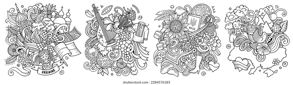 Ukraine cartoon vector doodle designs set. Line art detailed compositions with lot of ukrainian objects and symbols