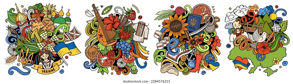 Ukraine cartoon vector doodle designs set. Colorful detailed compositions with lot of ukrainian objects and symbols. Isolated on white illustrations