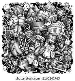 Ukraine cartoon vector doodles illustration. Ukrainian symbols, elements and objects background. Monochrome funny picture. All items are separated