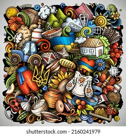 Ukraine cartoon vector doodles illustration. Ukrainian symbols, elements and objects background. Bright colors funny picture. All items are separated